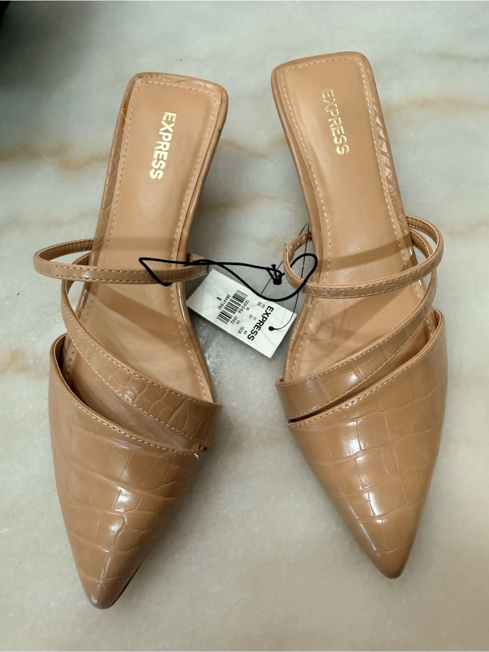 Express Pointed Toe Slide Mules in Tan Croc-Embossed